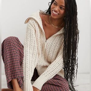 Aerie Cable Car Quarter Zip Sweater in Toasted Coconut